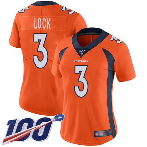 Denver Broncos Limited Women Orange Drew Lock 100th Season Home Jersey 3 Vapor Untouchable NFL Football Nike